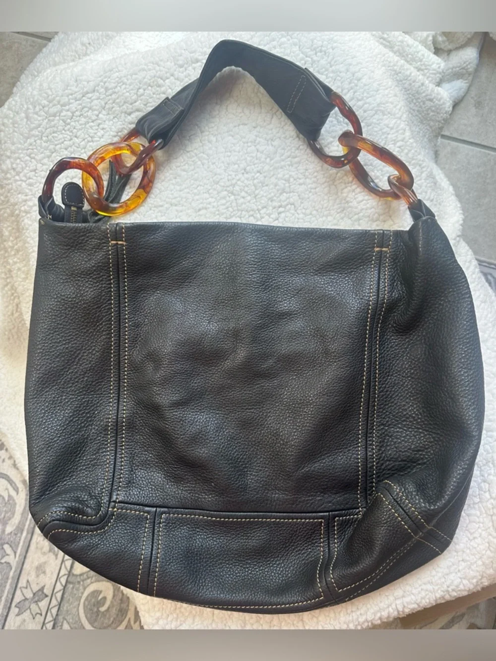 Kate Landry Black Leather Hobo Bag with Tortoiseshell Chain Strap zip top